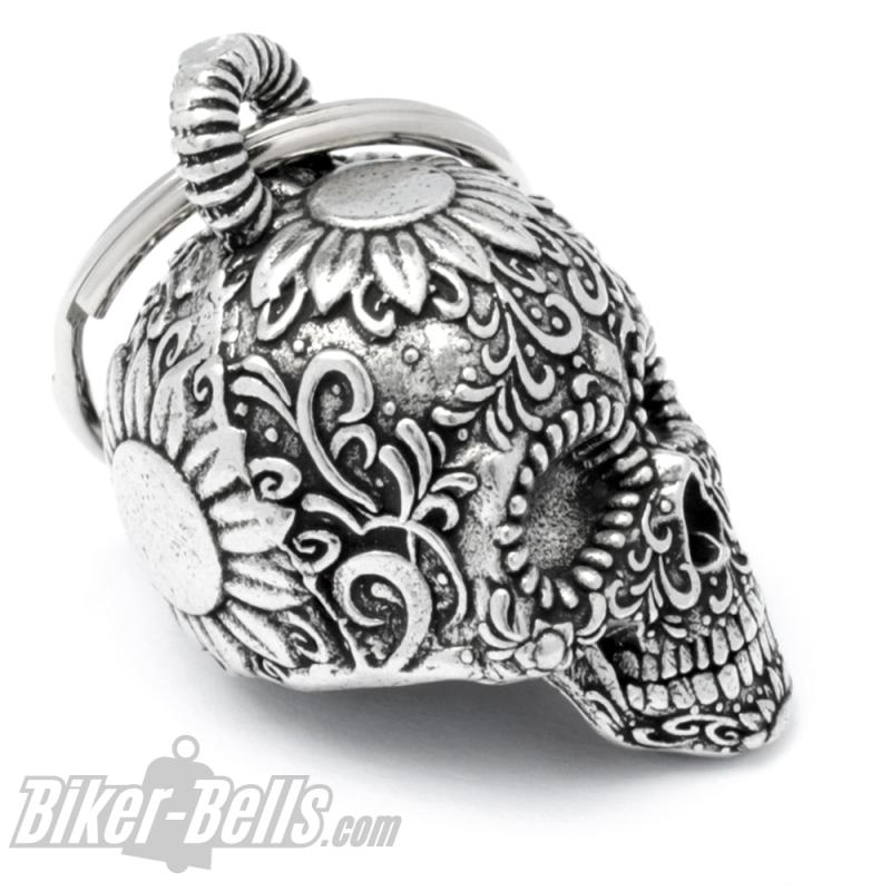 3D Totenkopf Biker-Bell verziert mit Blumen mexikanischer Candy Skull Ride Bell